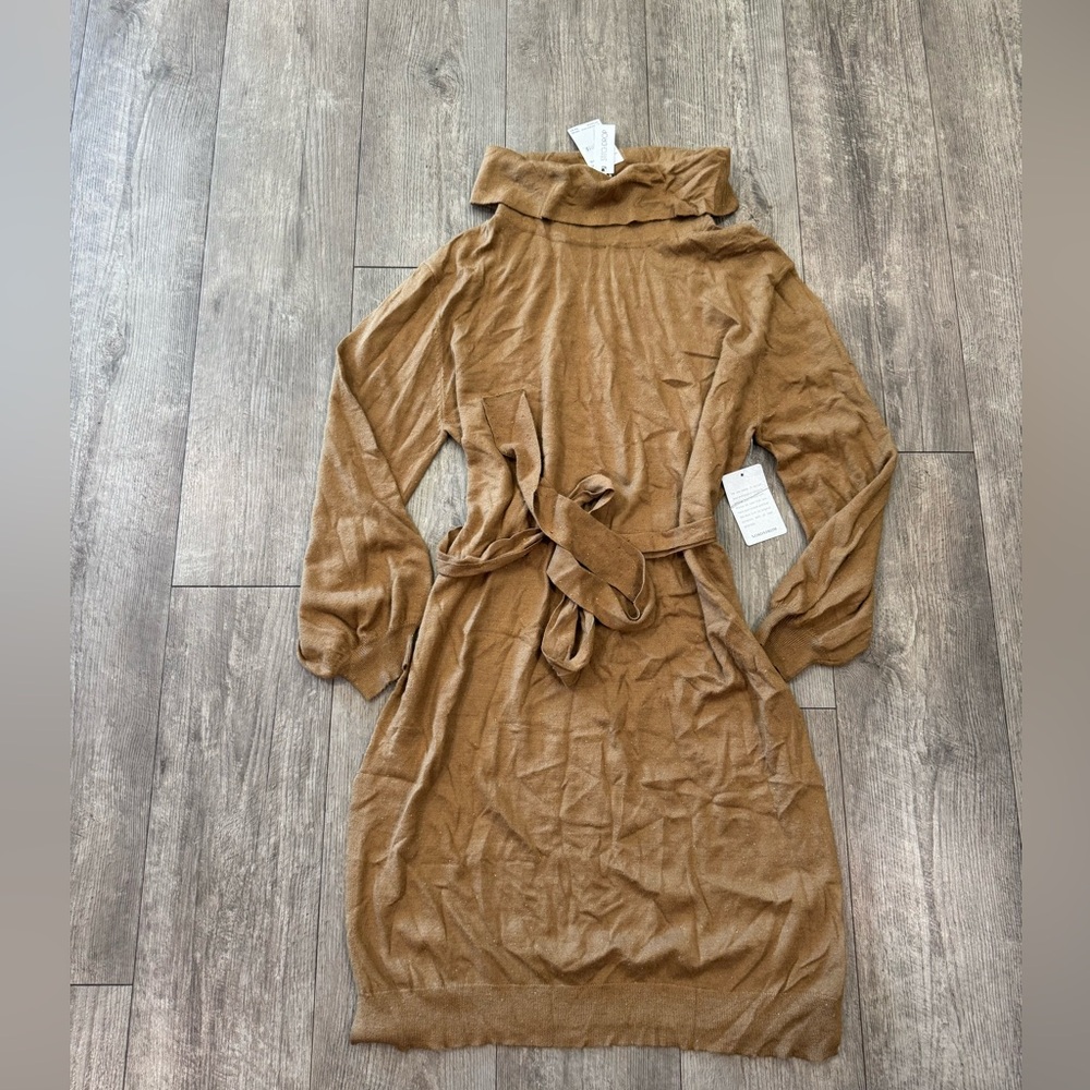 Stitchdrop Elegant Tan Long Sleeve Dress